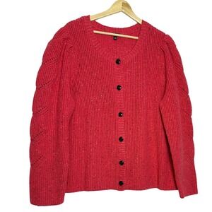 Talbots Plus Pink‎ Speckled Puff Sleeve Button Front Knit Cardigan Sweater 2X